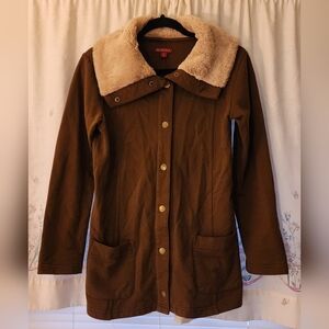 MERONA Jersey Jacket Coat Faux Fur Collar Snaps Fragrance Free Small LIKE NEW